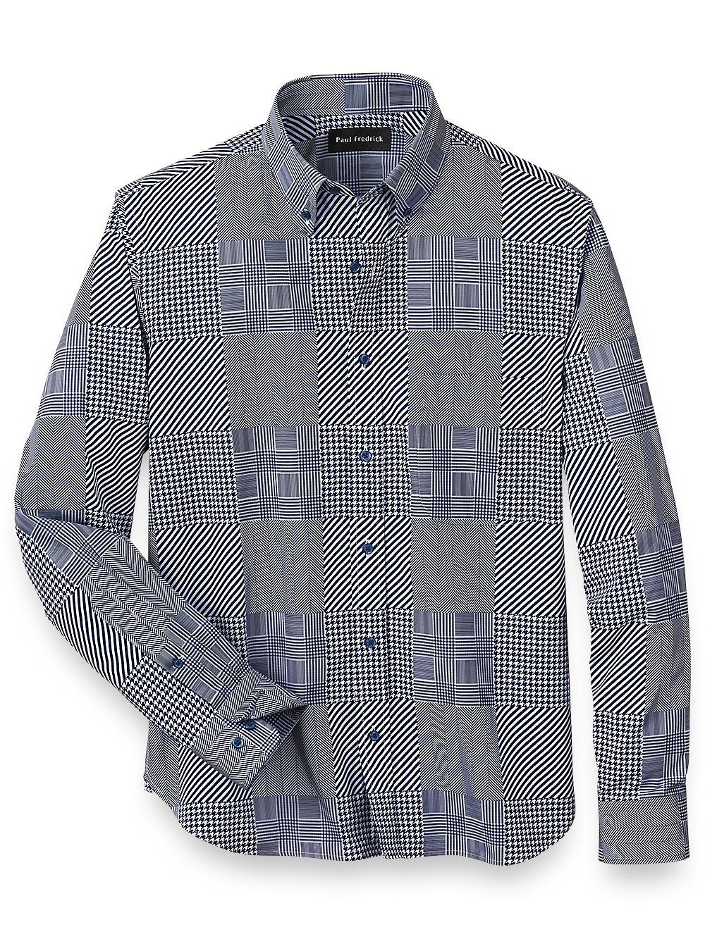 Cotton Patchwork Print Casual Shirt - Blue Product Image