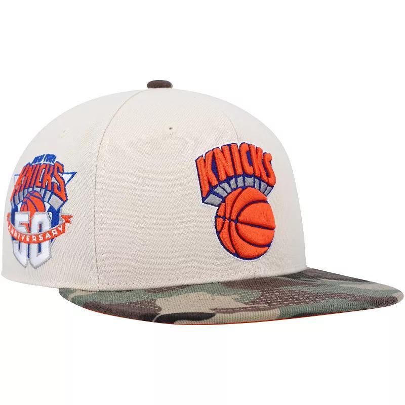 Mens Mitchell & Ness Cream/Camo New York Knicks Hardwood Classics 50th Anniversary Off White Camo Fitted Hat Product Image