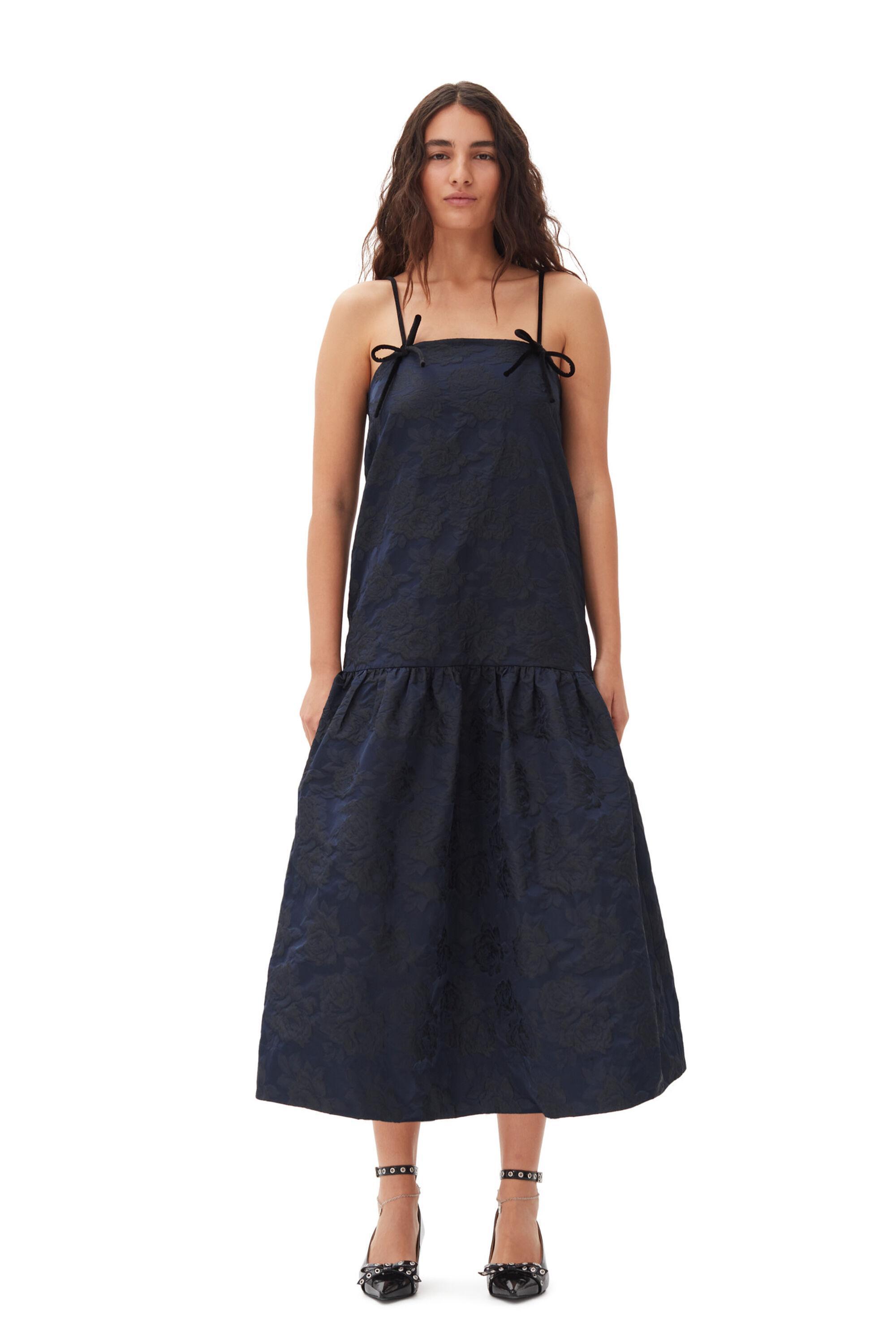 Navy Blue Botanical Jacquard Strap Midi Dress product image