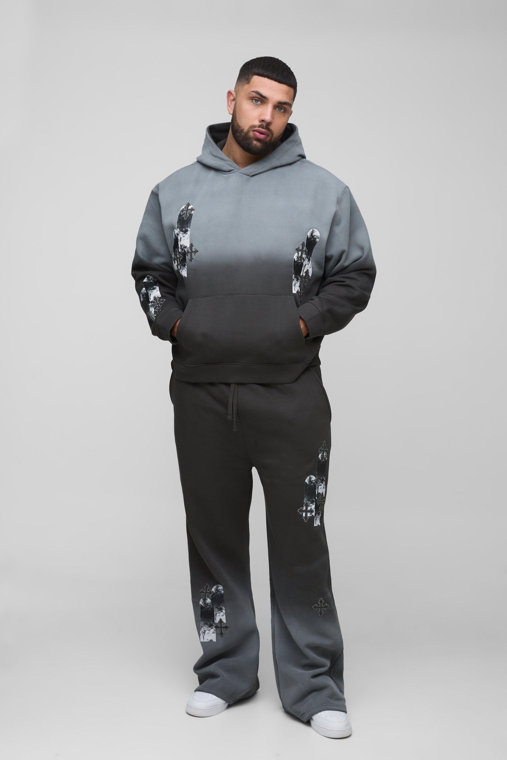 Plus Oversized Boxy Applique Cross Spray Wash Hooded Relaxed Flare Tracksuit | boohooMAN USA Product Image