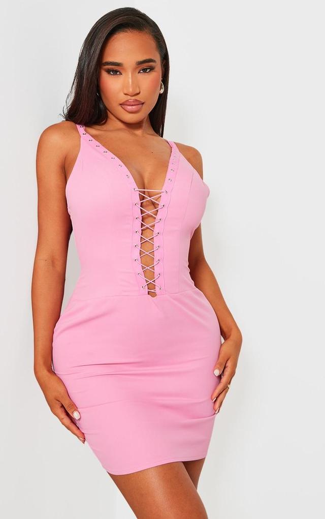 Shape Candy Pink Woven Lace Up Front Bodycon Dress Product Image