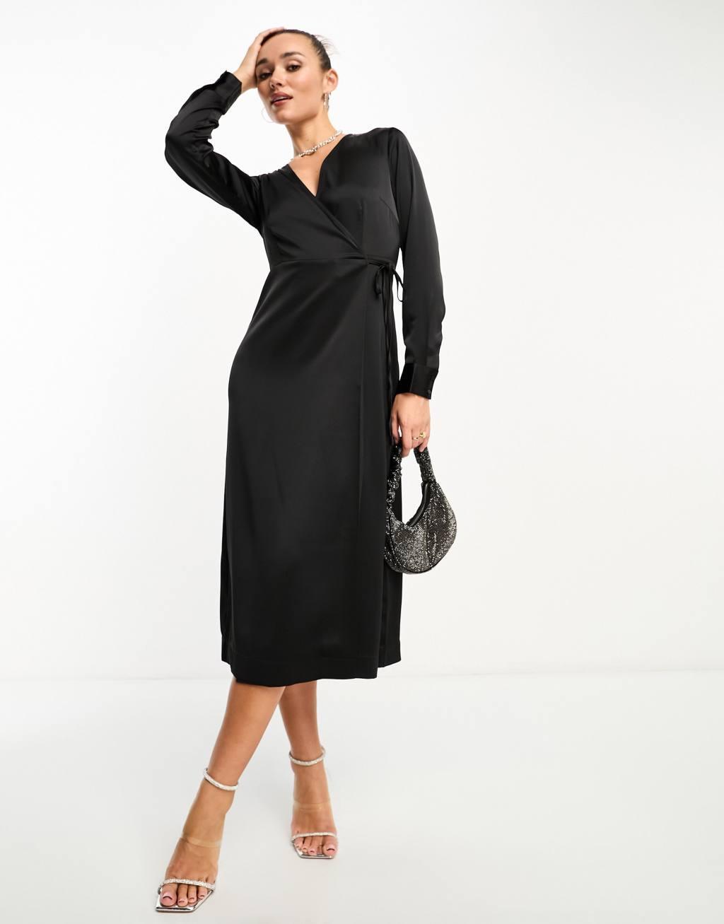 YAS satin wrap maxi dress in black Product Image