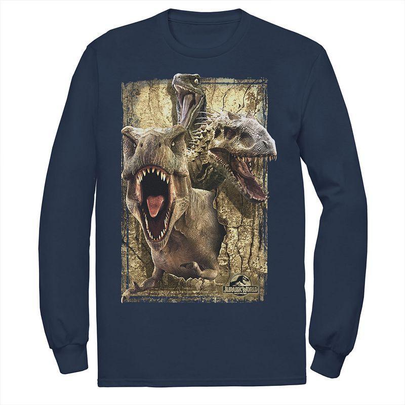 Mens Jurassic World T-Rex Indominus Rex & Raptor Long Sleeve Graphic Tee Blue Product Image