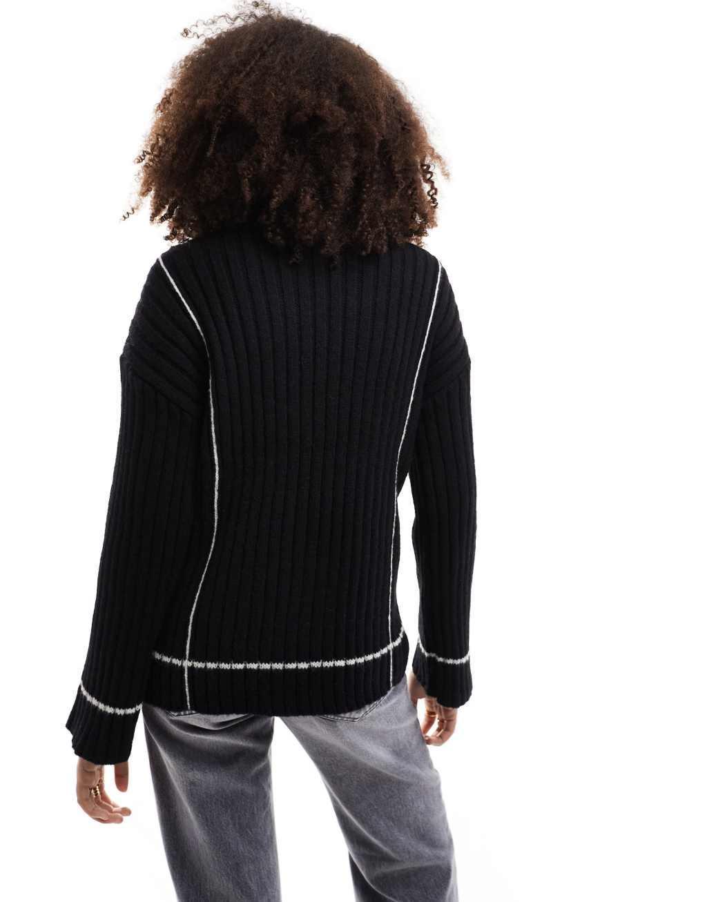 YAS contrast stitch ribbed sweater in black and cream Product Image