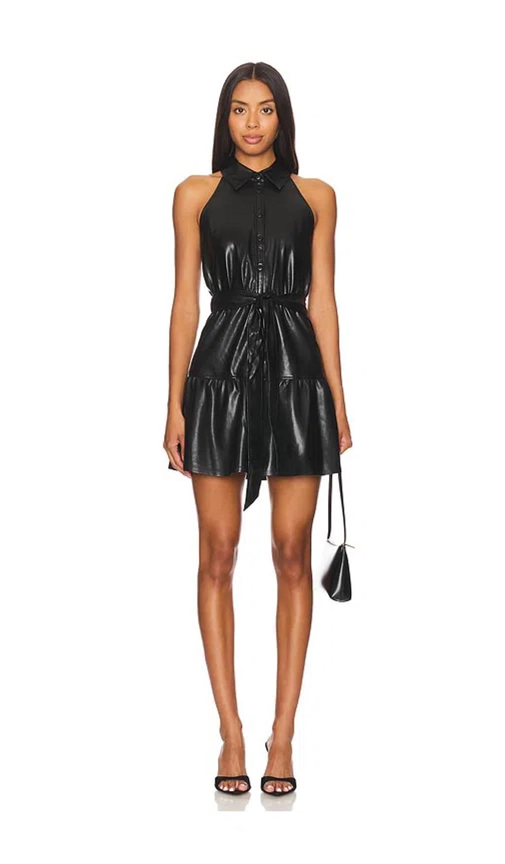 ALICE AND OLIVIA Miranda Vegan Leather Tiered Mini Dress Black Product Image