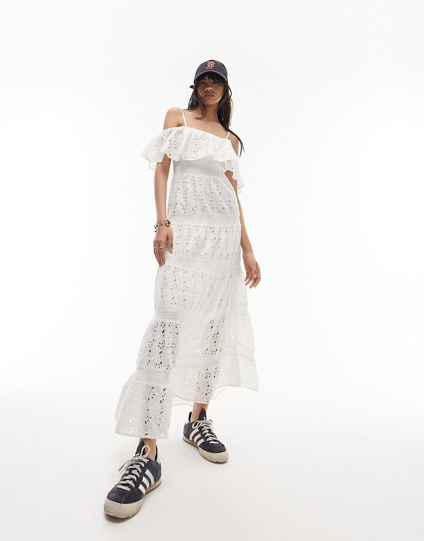 Topshop strappy broderie maxi dress with frill neck in ivory Product Image