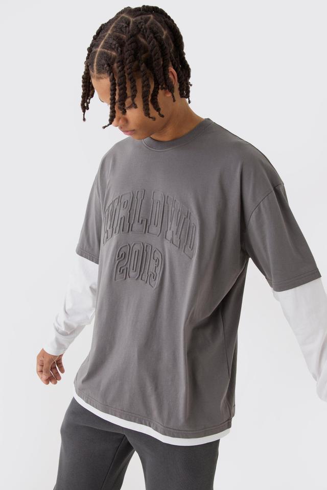 Oversized Faux Layer Varsity Embossed T-Shirt | boohooMAN USA Product Image