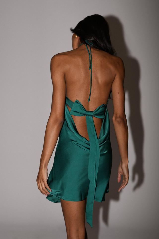 Atlas Satin Bow Mini Dress - Emerald Product Image