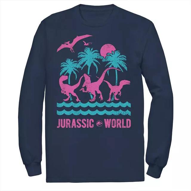 Mens Jurassic World Two Dinosaur Beach Retro Long Sleeve Tee Blue Product Image