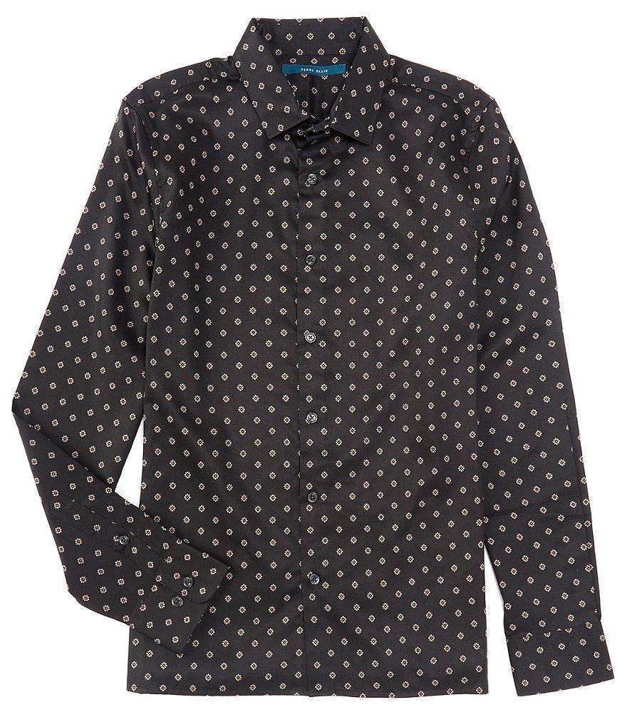 Perry Ellis Stretch Sateen Geo Dot Print Long Sleeve Woven Shirt Product Image