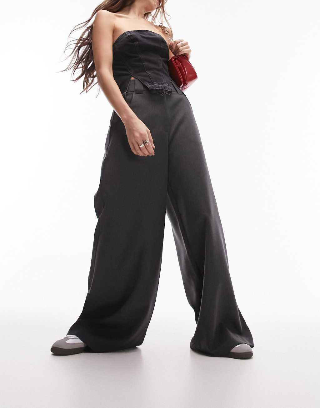 Topshop high waist flood length pants in black Product Image