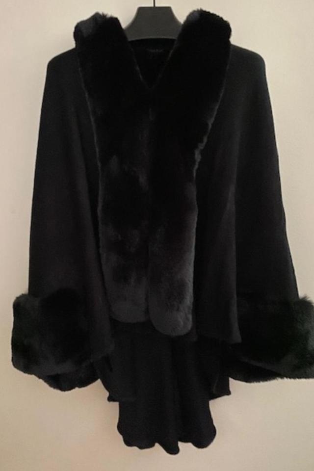 Elegant Faux Fur Trimmed Black Poncho/Cape Female Product Image