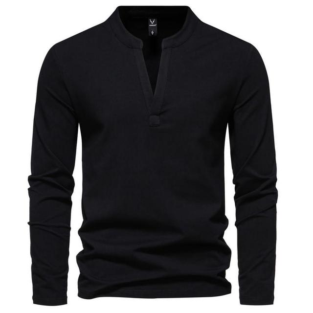 Long-Sleeve Notched Plain T-Shirt Product Image