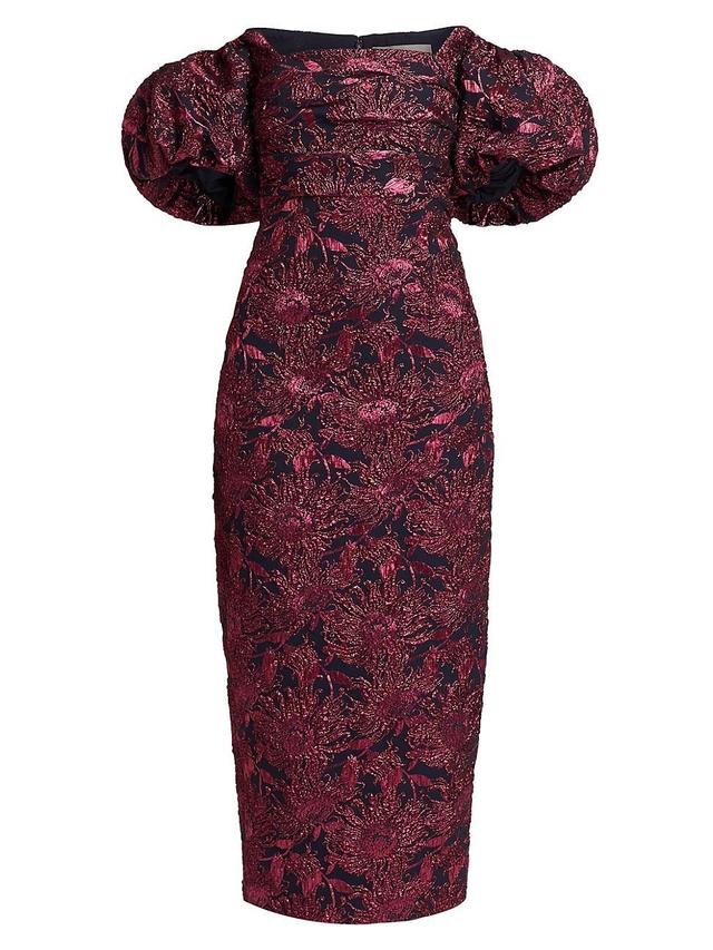 Womens Floral Jacquard Puff-Sleeve Sheath Dress Product Image