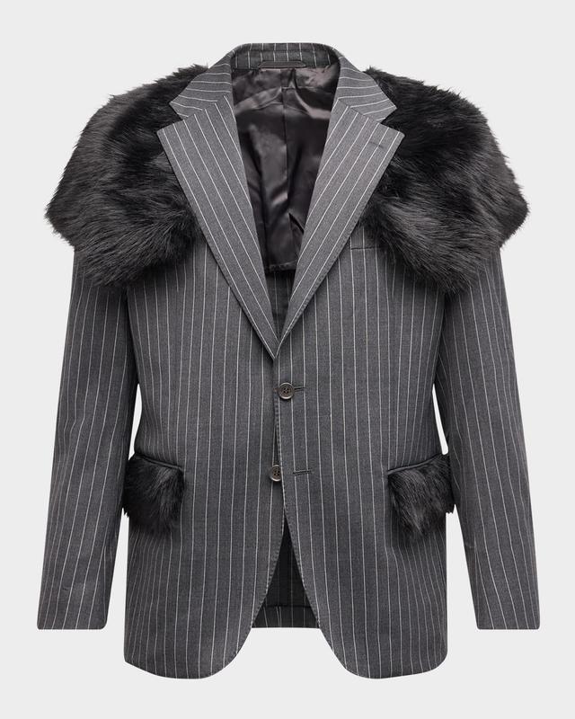 Men's Pinstripe Suit Jacket with Faux Fur Product Image