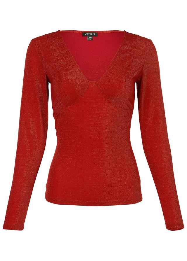 Glitter Knit V-Neck Top - Racing Red Glitter Knit Product Image