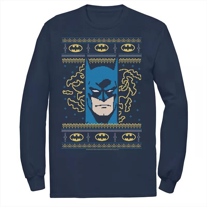 Mens DC Comics Batman Face Christmas Sweater Style Tee Blue Product Image