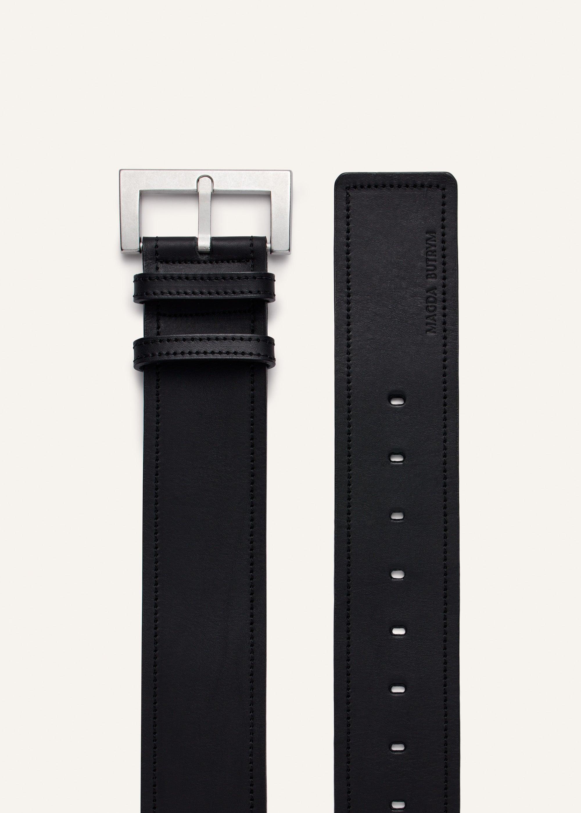 Wide black leather belt in silver Product Image