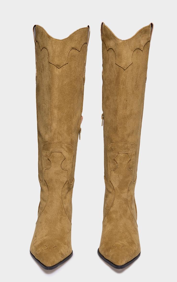 Taupe Wide Fit Faux Suede Point Toe Knee High Heeled Western Boots Product Image