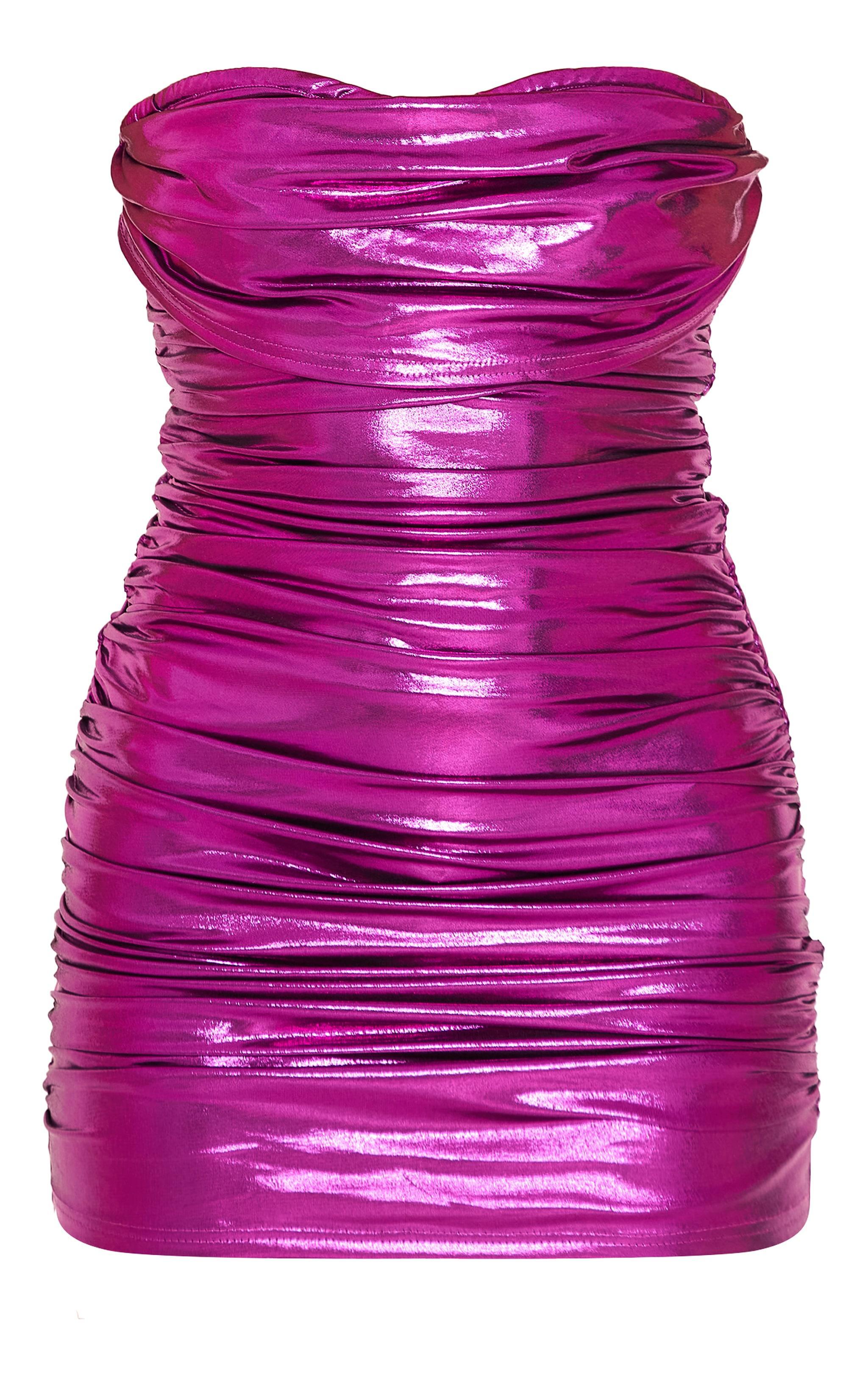 Purple High Shine Boned Bandeau Ruched Bodycon Dress Product Image