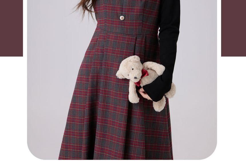 Sleeveless Peter Pan Collar Plaid Bow Accent Lace Trim Midi A-Line Dungaree Dress Product Image