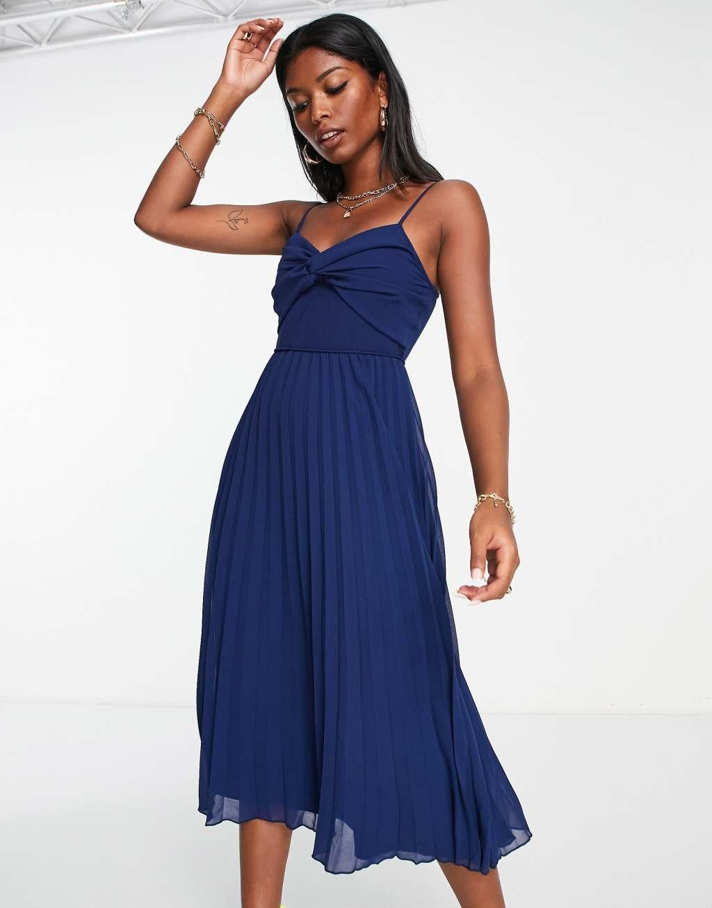 ASOS DESIGN twist front pleated cami midi dress with belt in navy Product Image