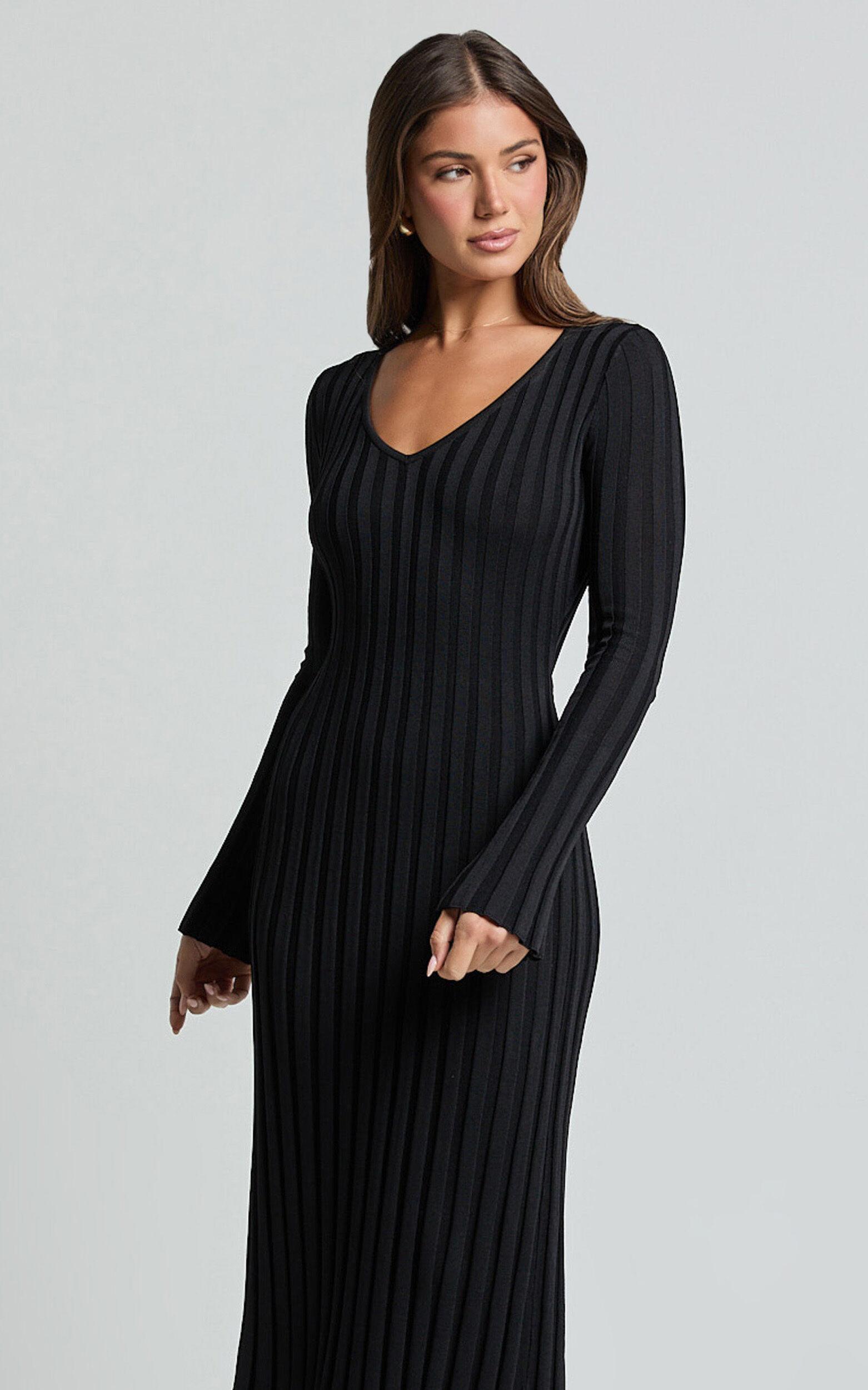 Astra Midi Dress - V Neck Long Sleeve Knit Dress in Black Product Image