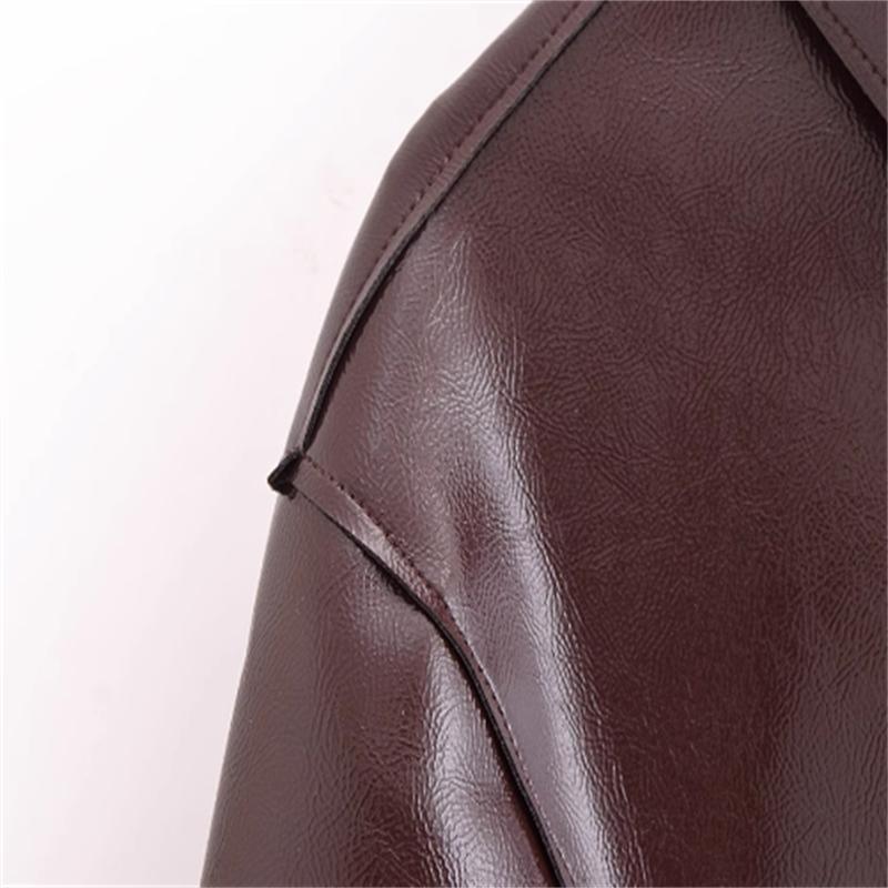 Long-Sleeve Plain Faux Leather Shirt / High Waist Mini A-Line Skirt Product Image