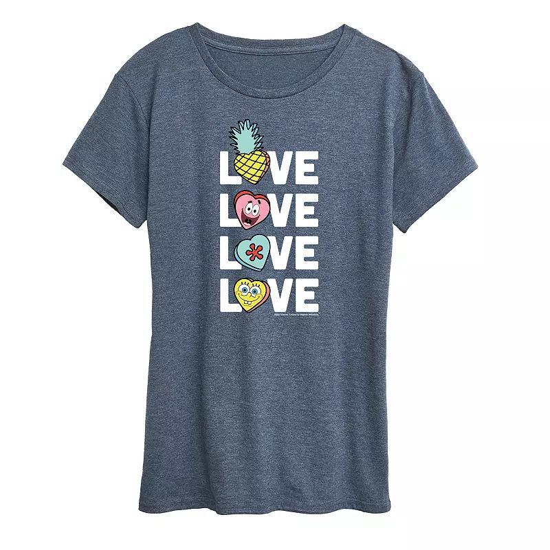 Womens Spongebob Squarepants Stacked Love With Hearts Graphic Tee Grey Blue Product Image