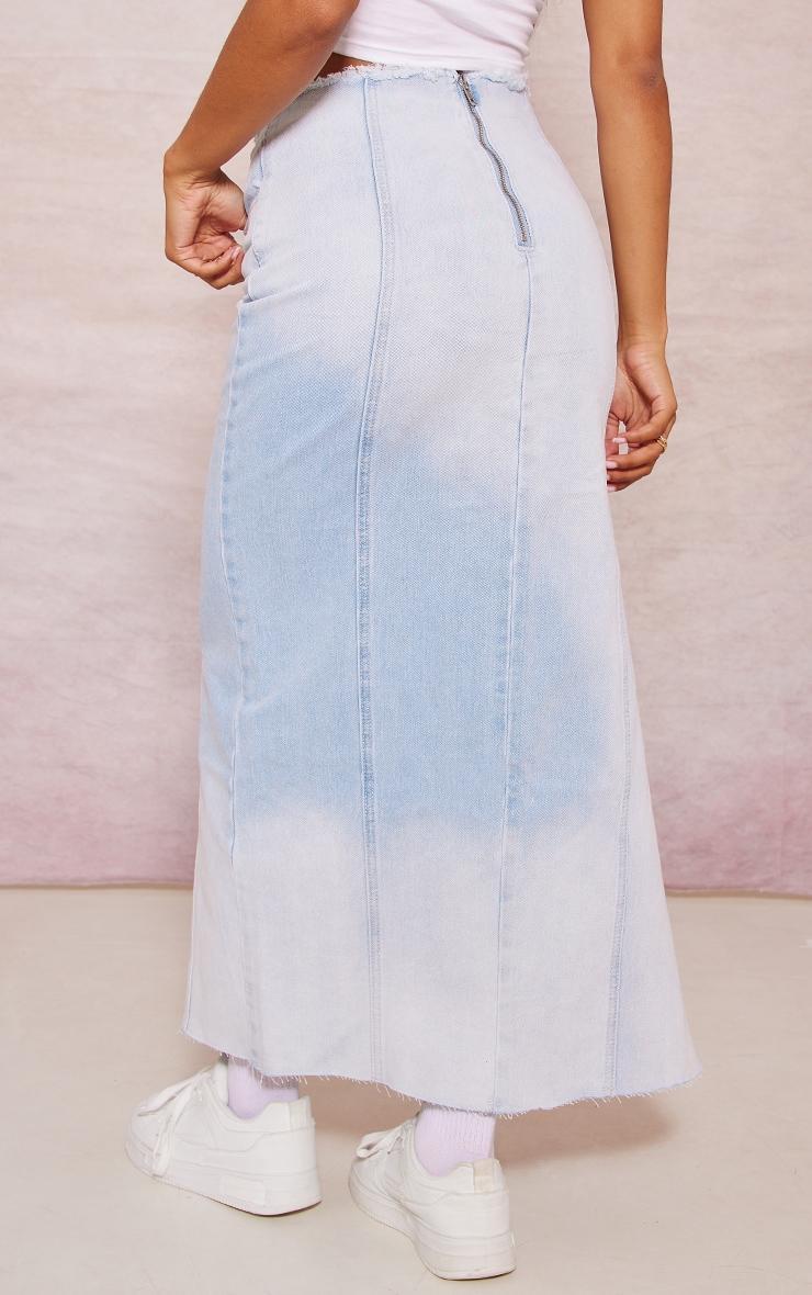 Light Blue Wash Raw Edge Side Split Denim Maxi Skirt Product Image