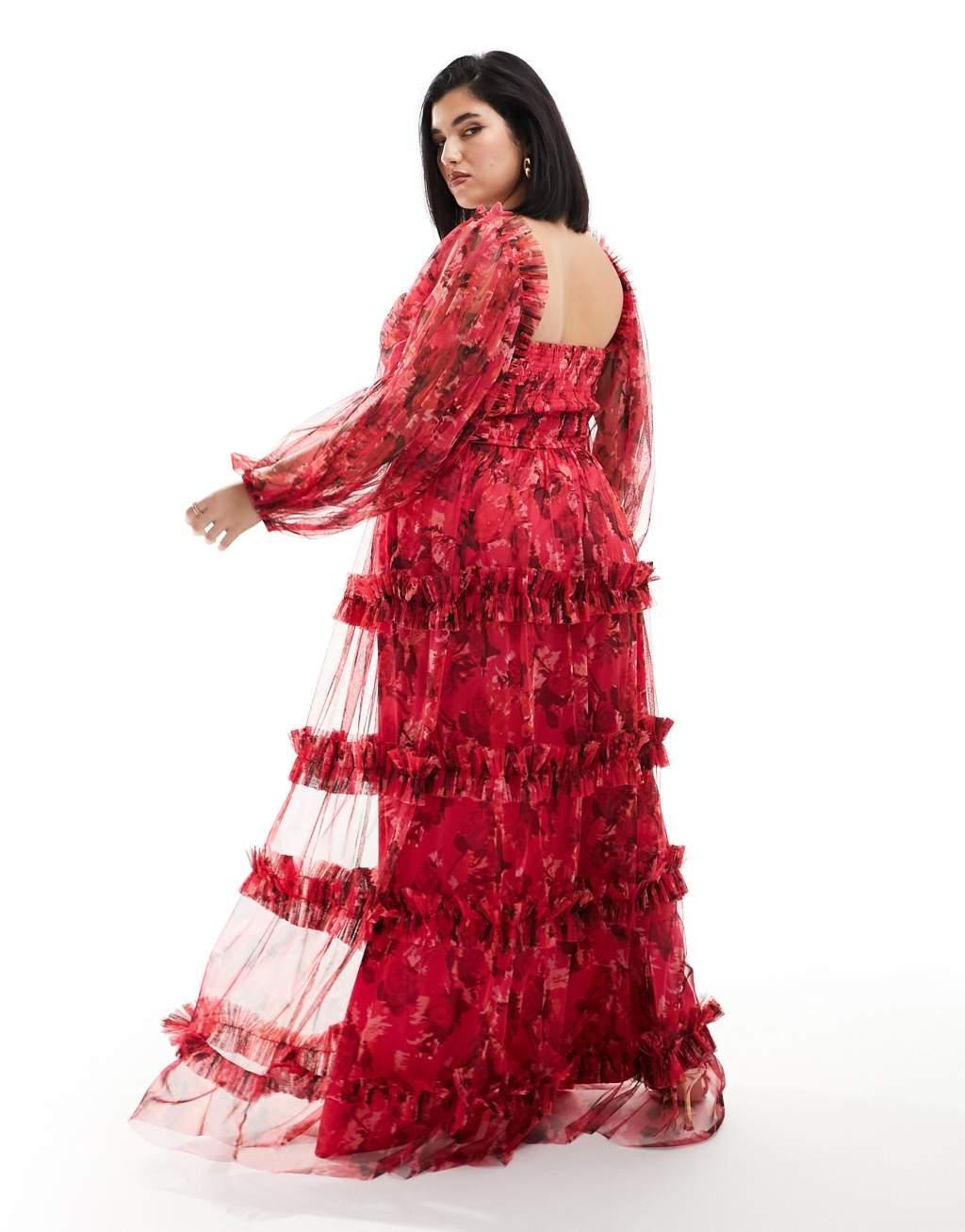 Lace & Beads Plus long sleeve tulle ruffle maxi dress in pink and red floral Product Image