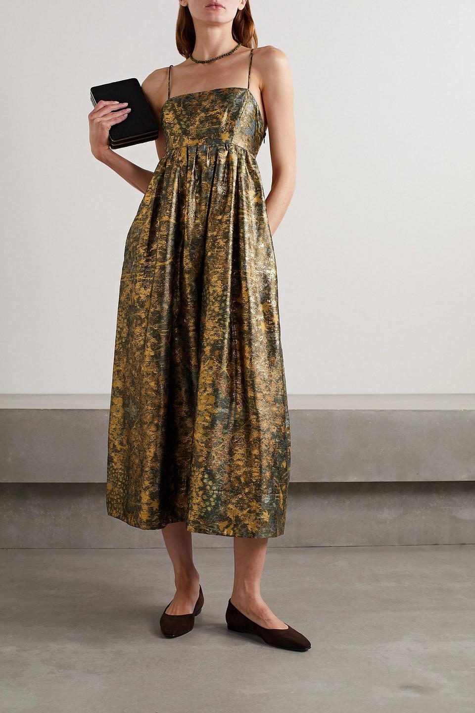 Hesmina Metallic Jacquard Midi Dress In Army Green Product Image