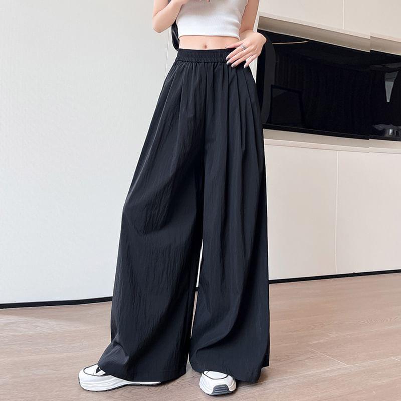 Elastic Waist Plain Ruched Wide Leg Pants Product Image