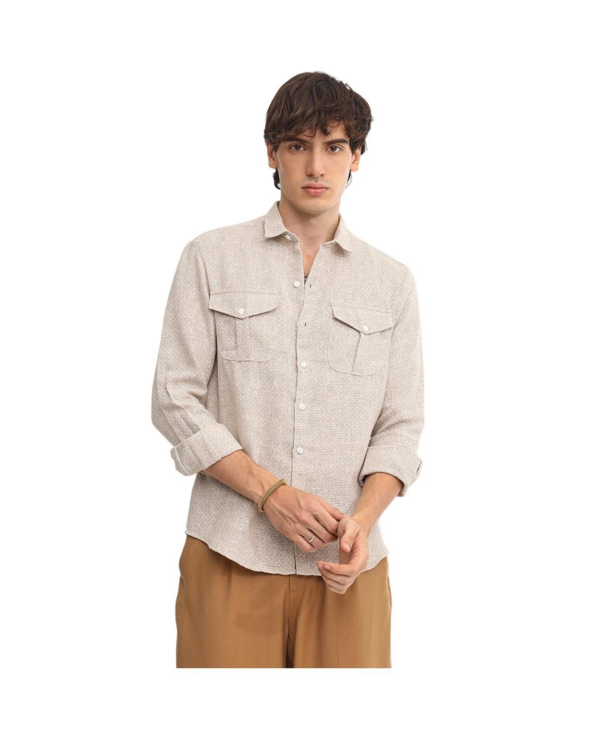 Campus Sutra Mens Tan Brown & Ivory White Basket-Weave Shirt Product Image