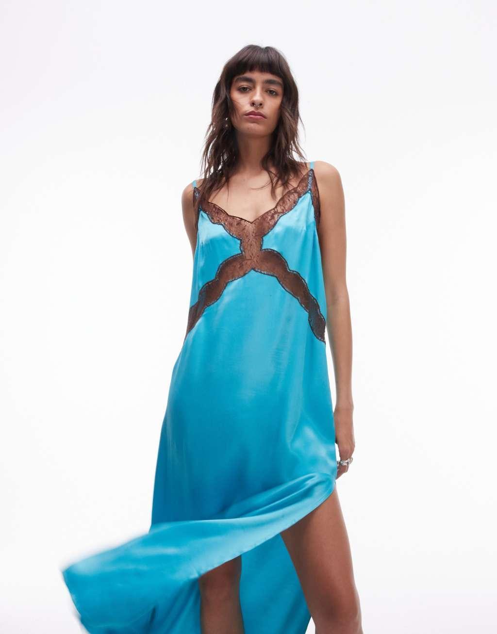 Topshop lace insert midi dress in turquoise Product Image