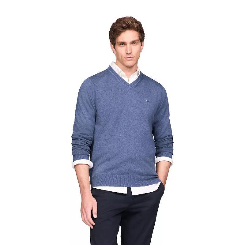 Mens Tommy Hilfiger Essential Cotton V-Neck Sweater Beige Grey Product Image