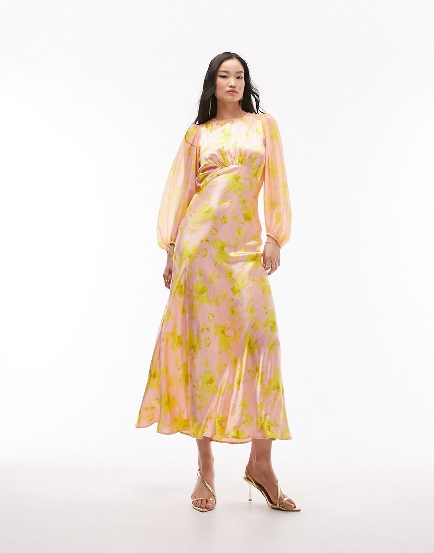 Topshop long sleeve satin maxi dress with bust seam Product Image