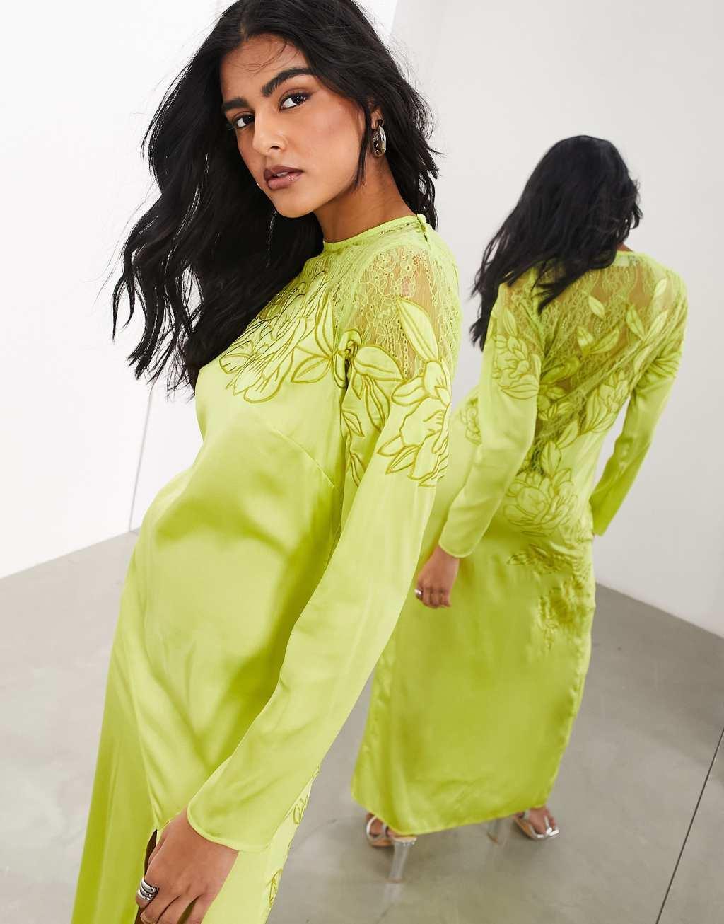 ASOS EDITION embroidered lace paneled long sleeve column maxi dress in lime Product Image