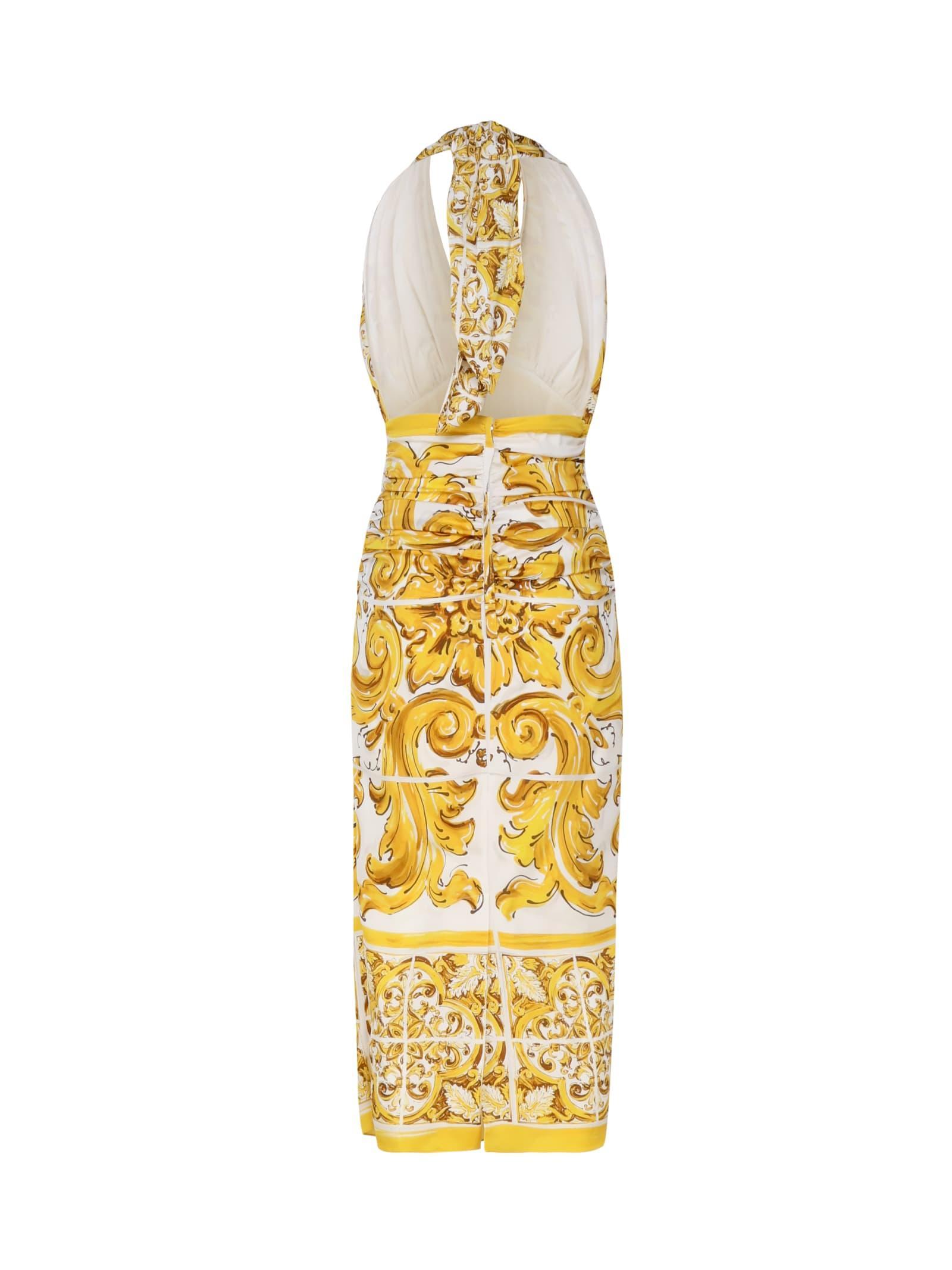 DOLCE & GABBANA V-neck Midi Dress In Amarillo Product Image