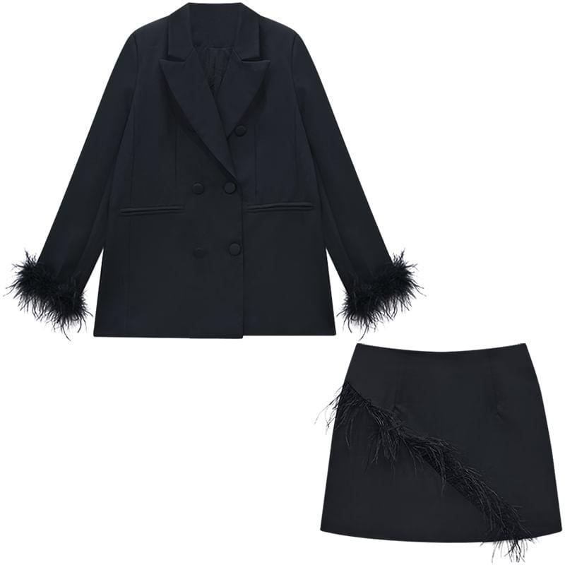 High Rise Plain Fringed Trim Mini Pencil Skirt / Double-Breasted Blazer Product Image