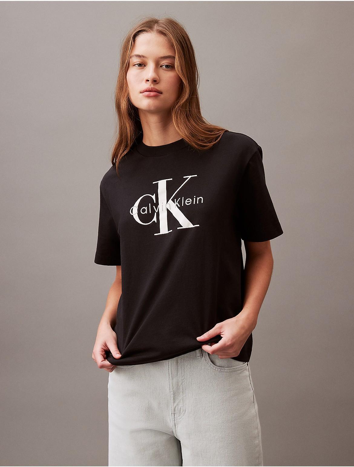 Calvin Klein Womens Monogram Logo Boxy Crewneck T-Shirt - Blue - M Product Image