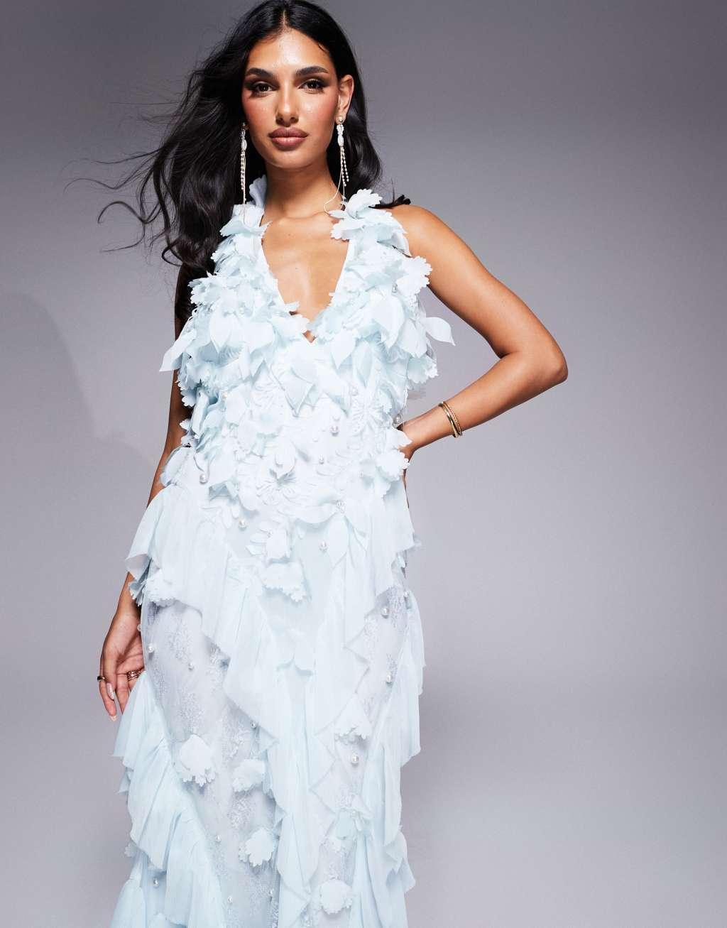 ASOS LUXE 3D floral halter neck lace ruffle maxi dress in pastel blue Product Image