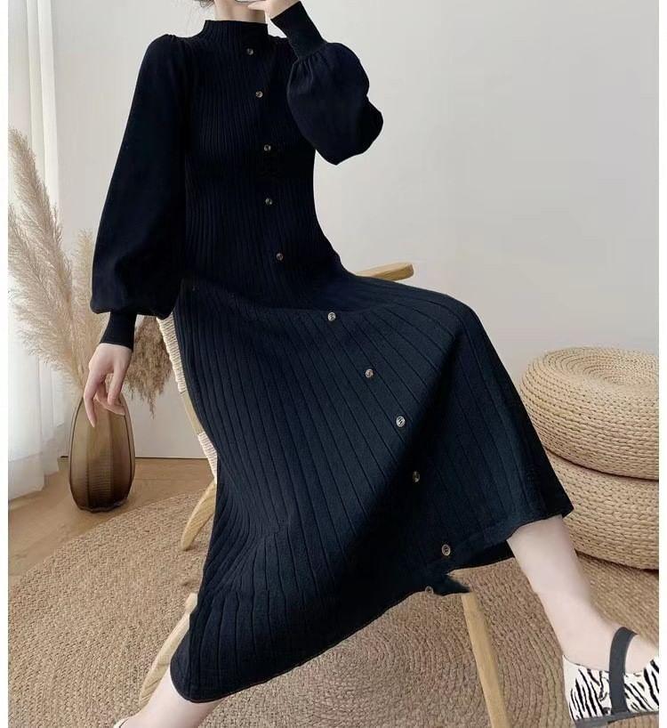 Puff-Sleeve High Neck Plain Ribbed Midi Knit Dress Product Image