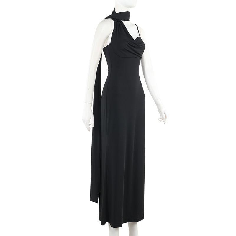 Spaghetti Strap V-Neck Plain Maxi Bodycon Dress Product Image