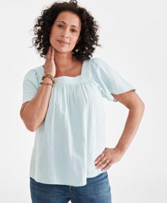 Women's Cotton Gauze Square-Neck Top, Created for Macy's Product Image