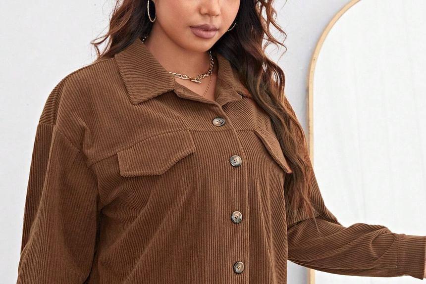 Plus Size Collared Corduroy Button-Up Crop Jacket Product Image