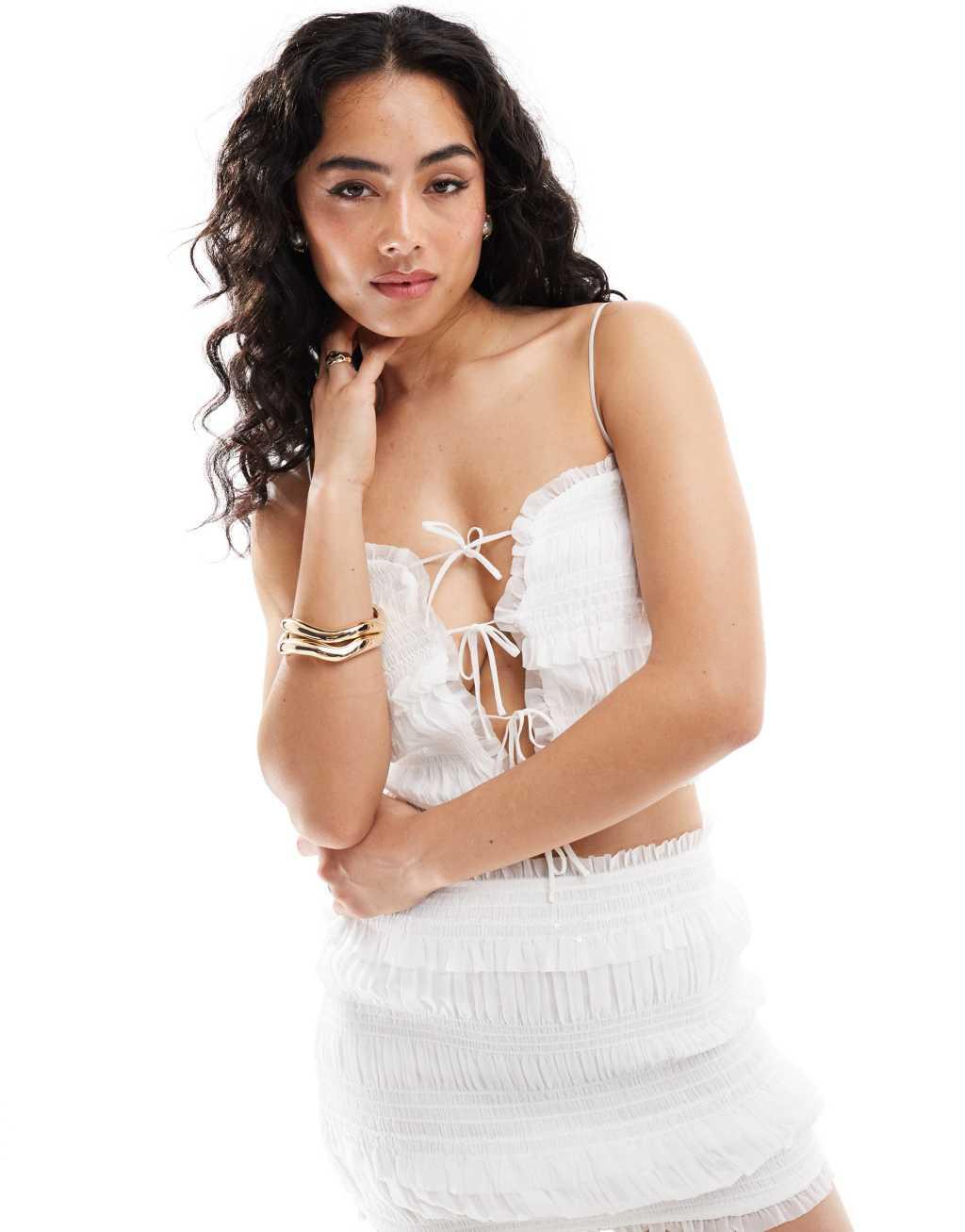 Bershka shirred tie front top in white - part of a set Product Image