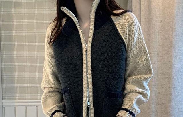 Turtleneck Contrast Trim Zip-Up Cardigan Product Image