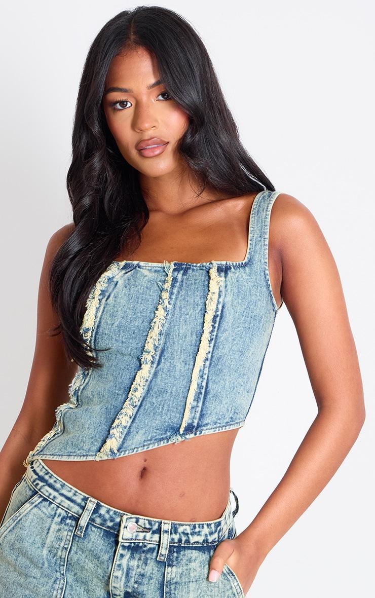 Tall Vintage Wash Raw Seam Detail Asymmetric Denim Corset Product Image