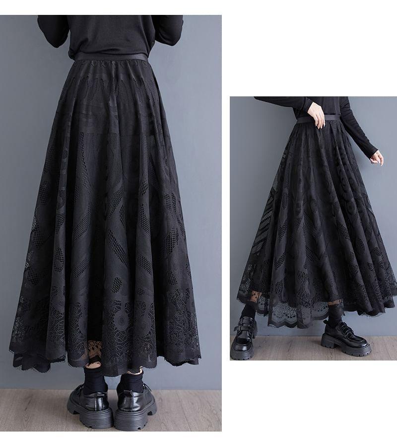 Elastic Waist Lace Overlay Midi A-Line Skirt Product Image